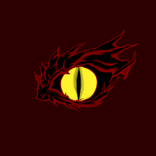 A stylized, fiery red dragon-shaped outline forms the silhouette of an eye with a bright yellow iris and slit pupil, set against a dark maroon background.