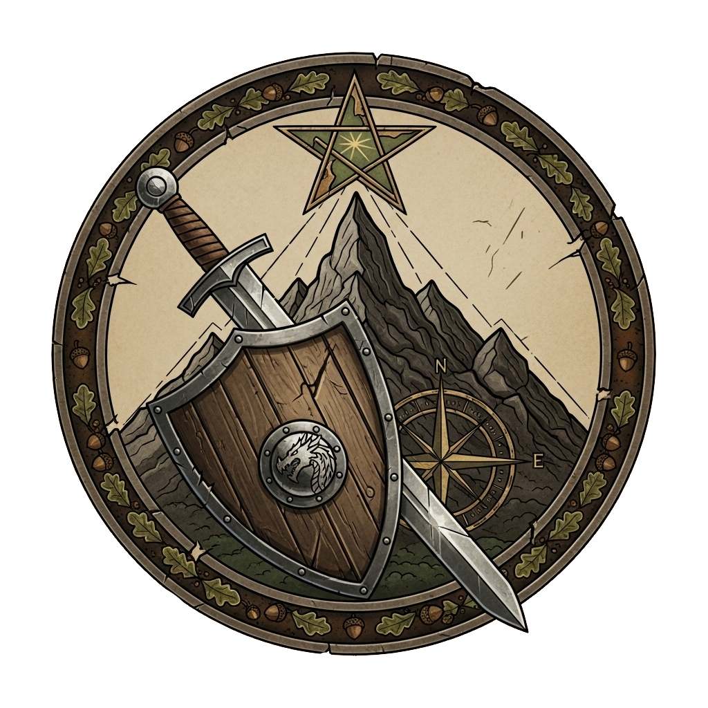 A circular emblem featuring a wooden shield with a lion emblem, a sword, and a mountain backdrop. A green star shines above, with a compass rose and oak leaf border completing the design.