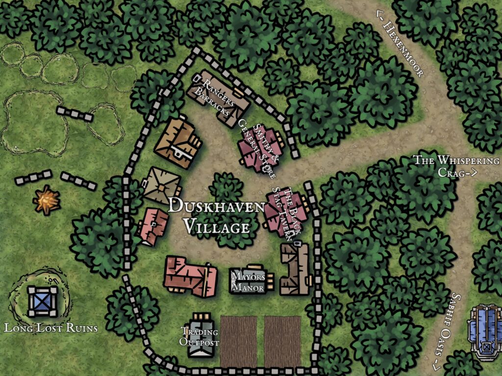 Duskhaven Village map: Rangers Barracks, Smithy, Black Stag Tavern, Mayor's Manor, Trading Outpost, and ruins.