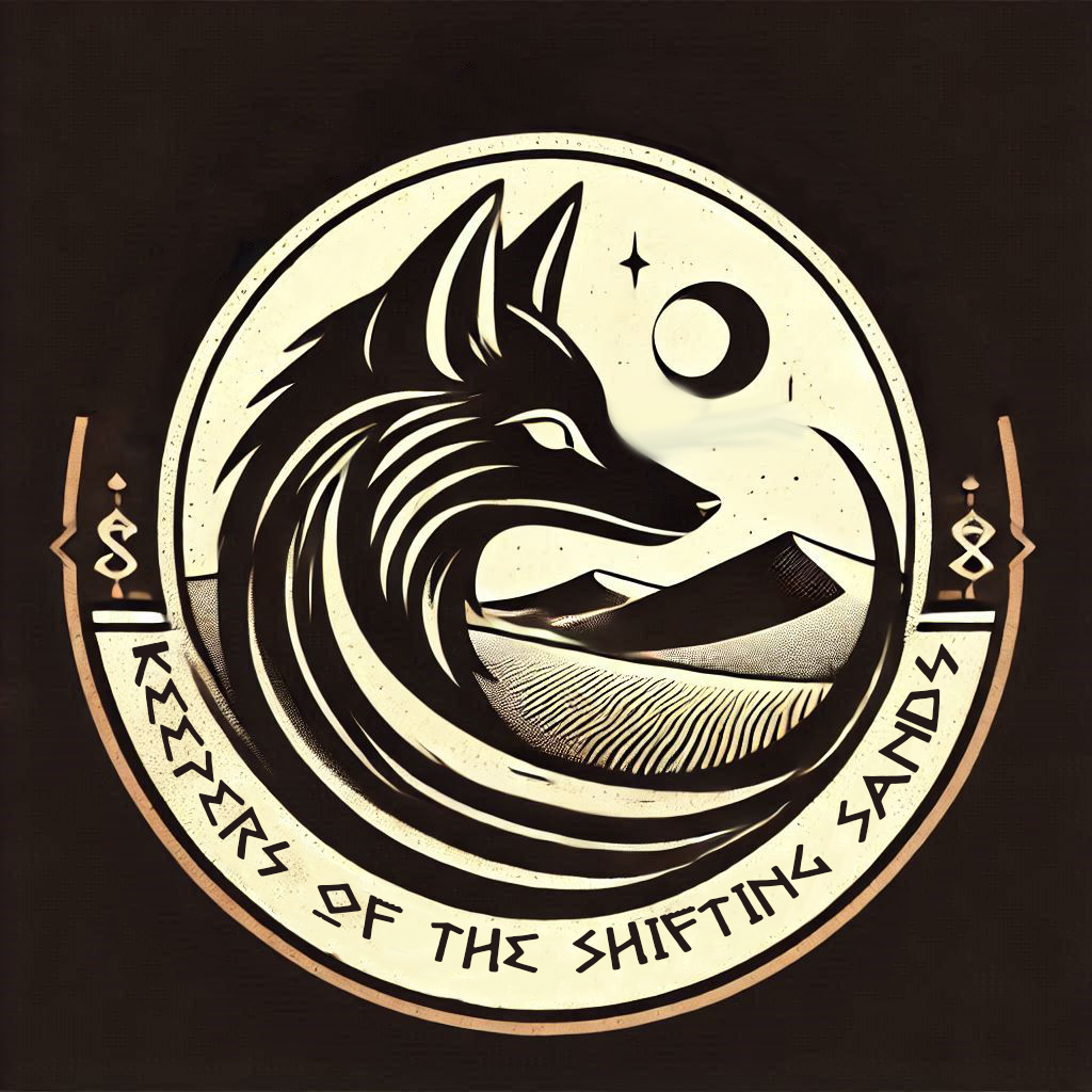 A stylized logo features a wolf’s head with desert sand dunes, a crescent moon, and stars in the background. The text around the border reads “Keepers of the Shifting Sands.”.