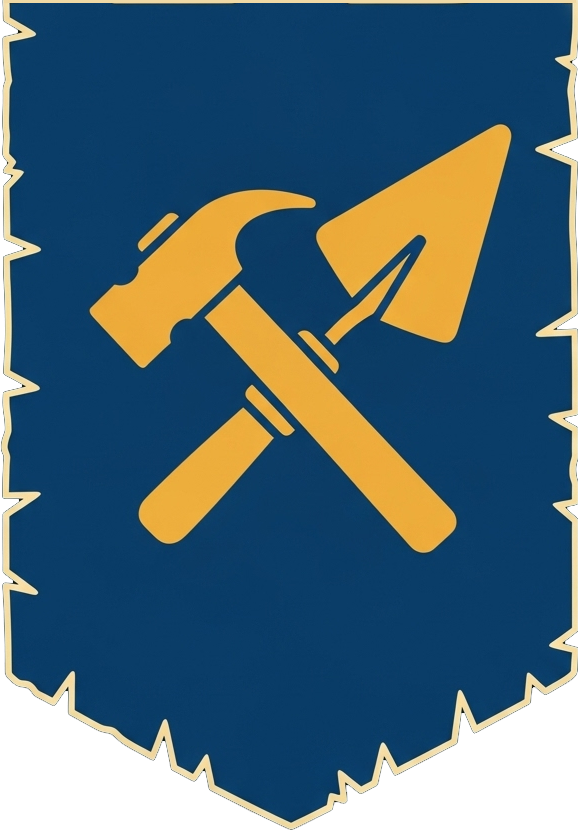A blue banner featuring a yellow hammer and shovel crossed in the center, with a jagged, irregular border.