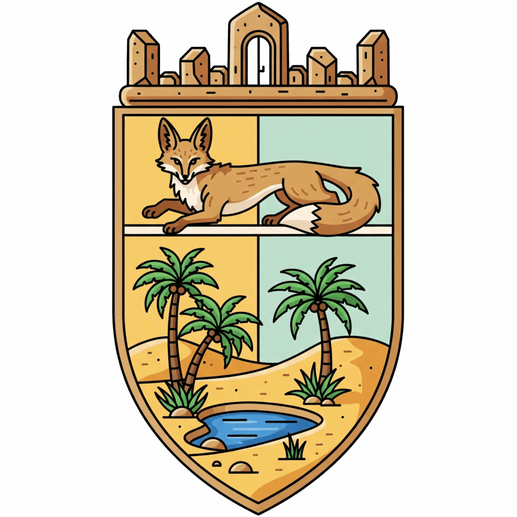Sabhaif Oasis coat of arms featuring a fox above palm trees and a small pool.