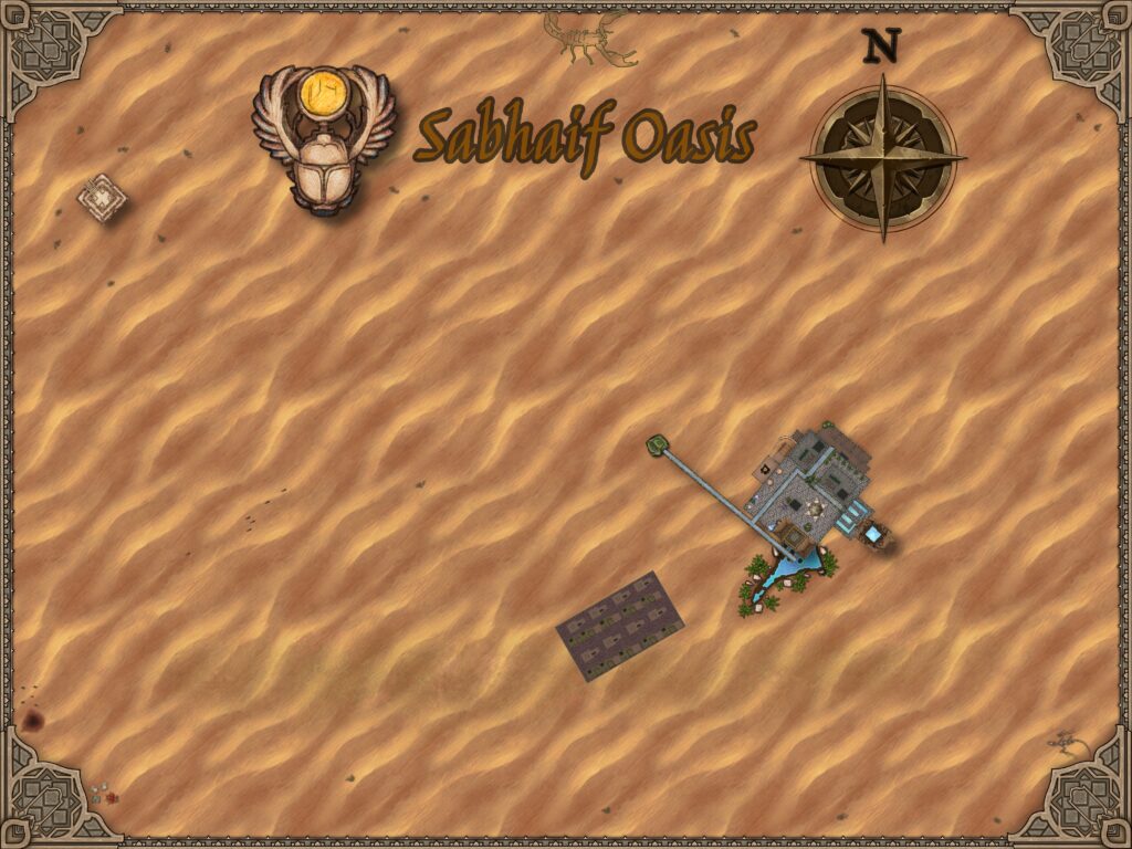 Sabhaif Oasis map: Desert landscape with oasis, buildings, fields, and compass indicating North.