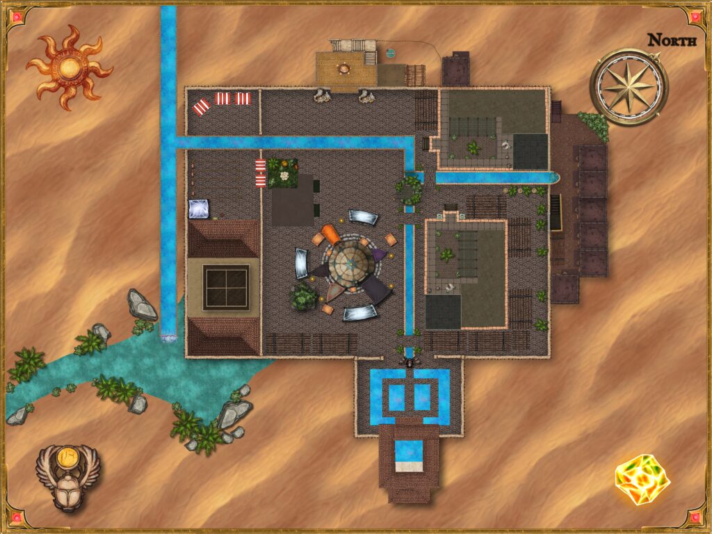 Sabhaif Oasis map showing a desert oasis complex with buildings, pools, and a central courtyard.