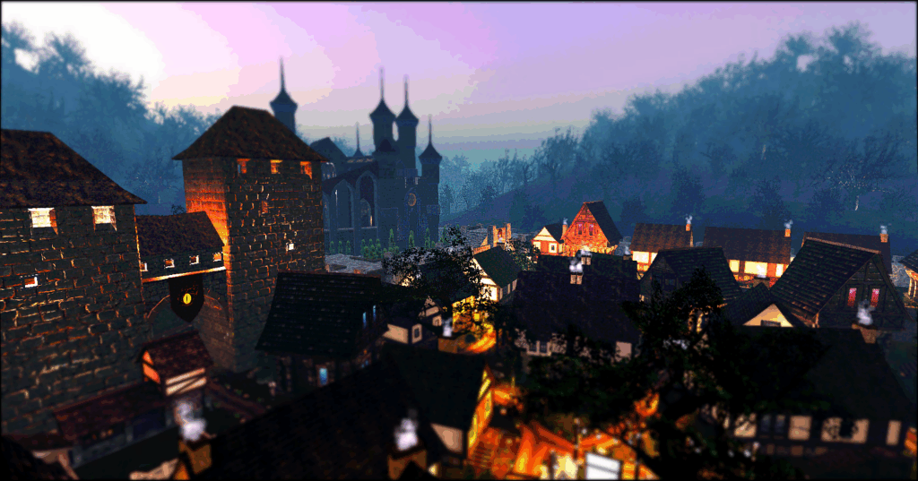 Norune map area featuring a medieval town with castle and surrounding forest at dusk.