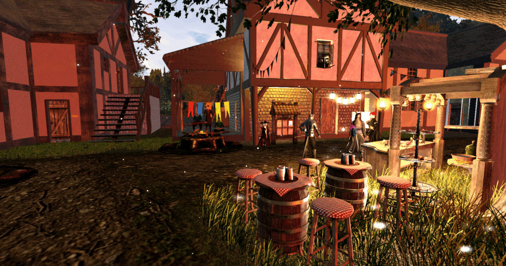Norune map area: Medieval village scene with buildings, characters, and market stalls.