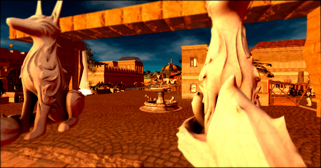 Norune's town square, featuring stone animal statues and North African-style architecture under a twilight sky.