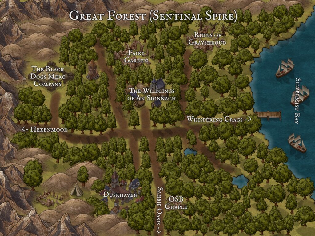 Map of the Great Forest, featuring Duskhaven, ruins, and the Silvermist Bay.
