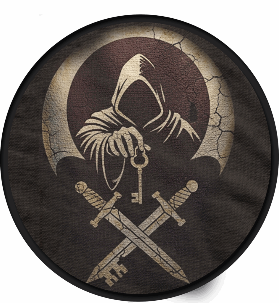 A hooded, faceless figure holds a key in front of a cracked, circular background. Two crossed swords with key-shaped hilts are positioned below the figure. The image has a dark, distressed texture.