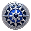A round silver shield featuring a bold blue and silver eight-pointed star design, with a blue gemstone at the center and decorative engravings along the outer edge.