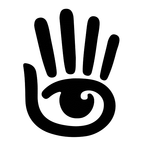 A black stylized handprint with an eye-like spiral shape in the palm, on a light gray background.
