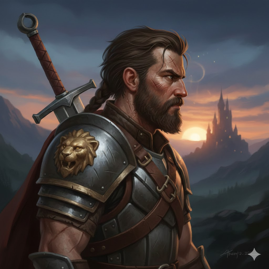 Warrior with sword and lion armor facing castle, ready to forge his destiny.