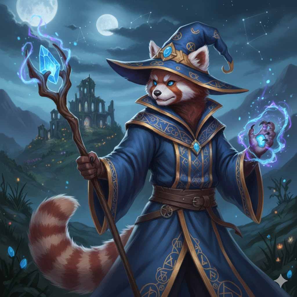 Red panda wizard with staff and magic, ready to forge his destiny.