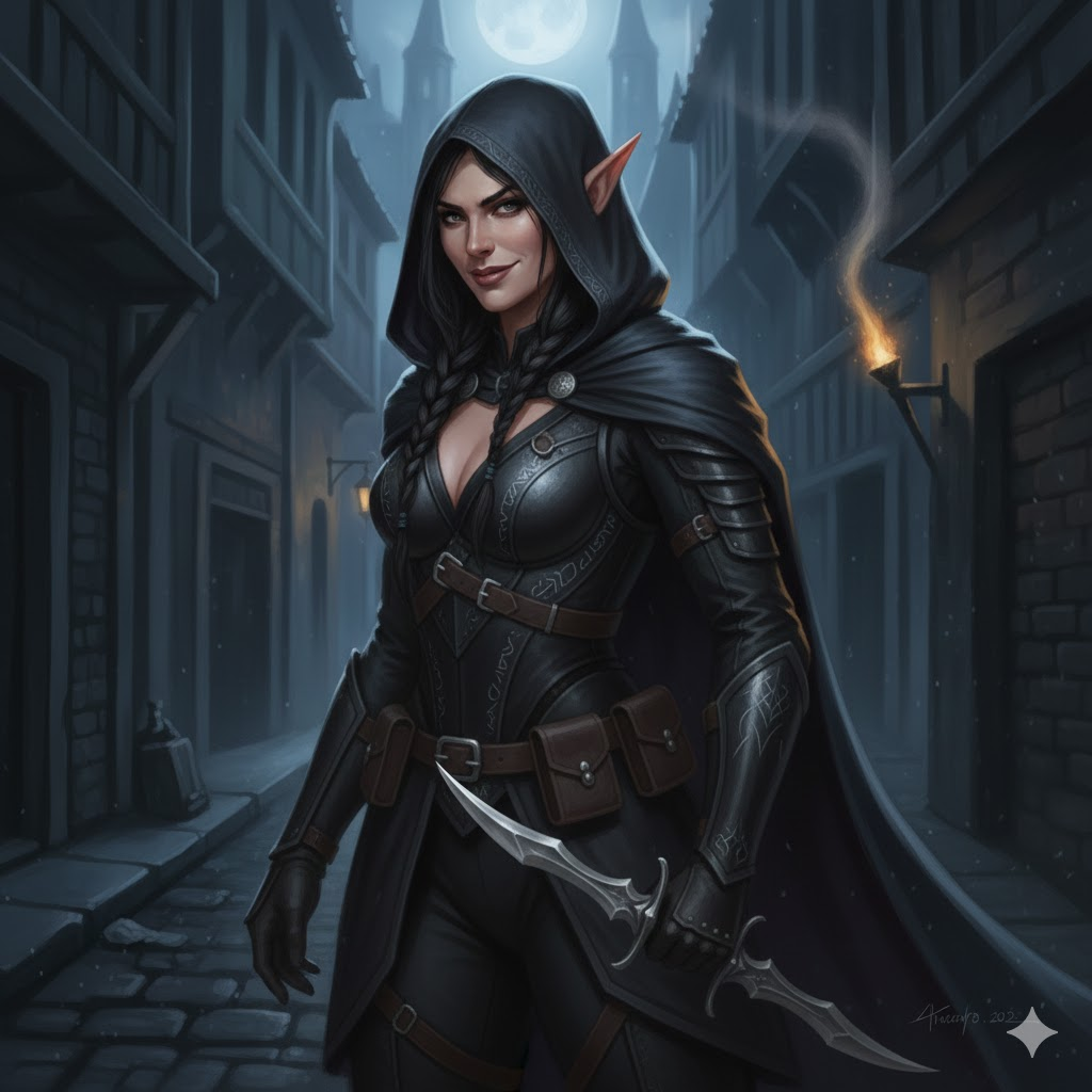 Elf rogue in dark leather armor with dagger, standing in a moonlit alleyway. Forge Your Destiny.